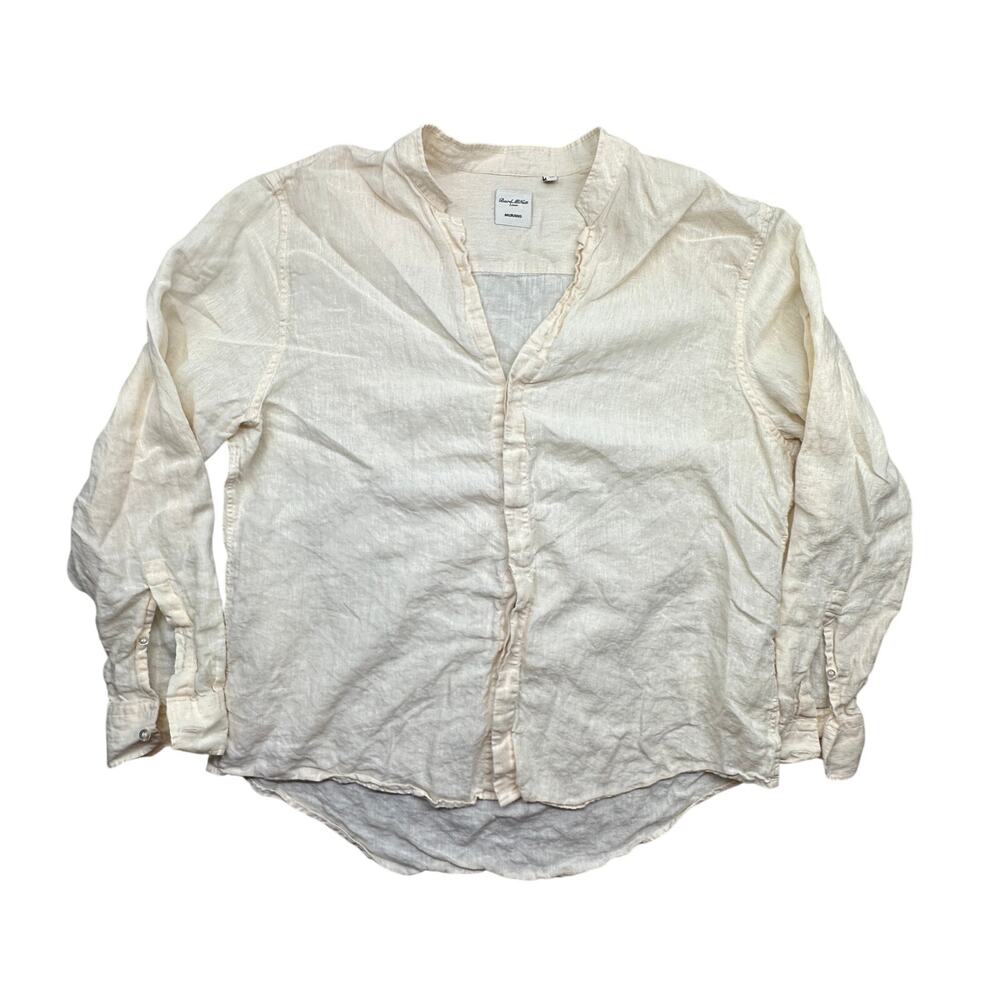 Murano Baird McNutt Linen Mens XL Ivory Cream Band Collar Long Sleeve Shirt